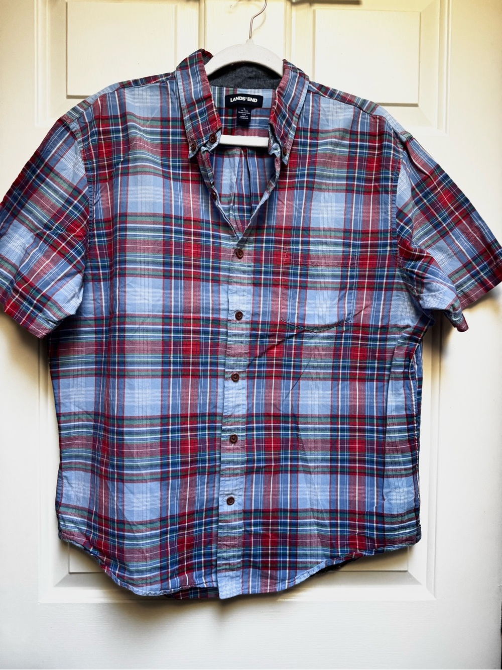 LANDS END Men’s Plaid Short Sleeve Button up Blue Red Green Shirt size L 16-16.5